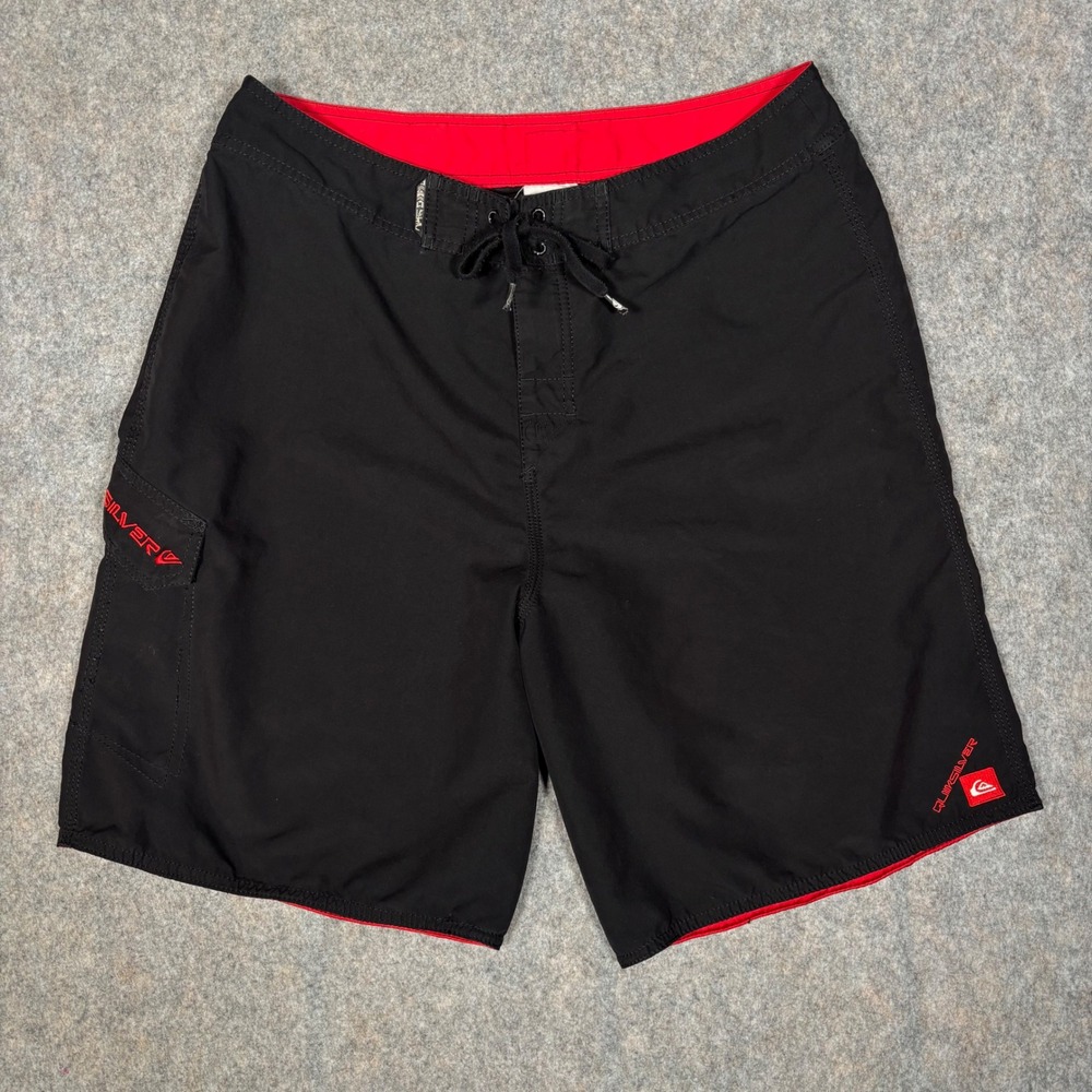 Quiksilver Board Shorts Mens 34 Black Red Cargo Pocket Swim Trunks Surfwear VTG